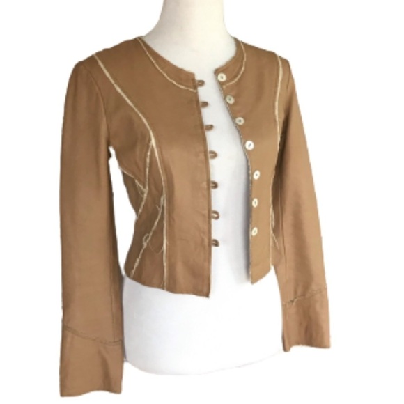 Tan Frayed Seams Patchwork Vegan Leather Fitted Jacket Coat size small - Picture 2 of 11